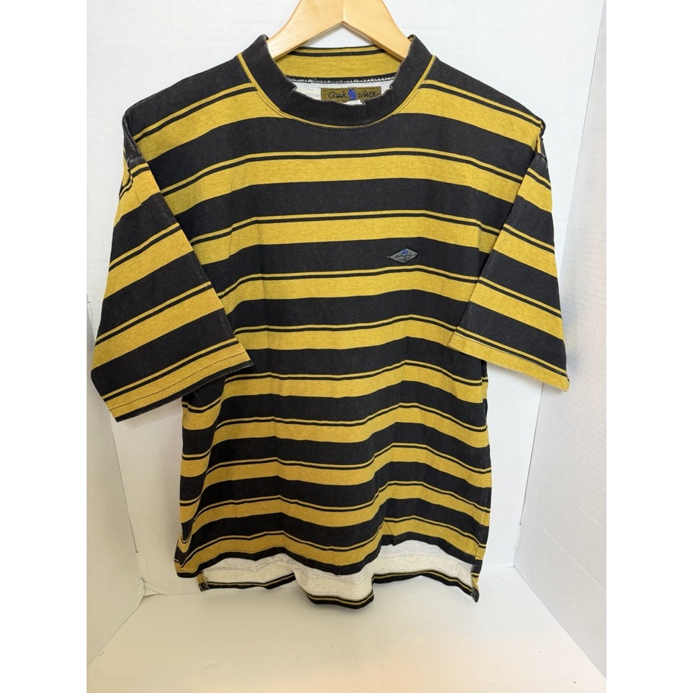 Vtg Quick Silver Shirt Medium Yellow Black Striped Surf Skater 90s USA Made 239